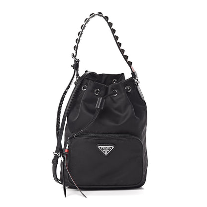 Prada Tessuto Nylon Studded New Vela Mini Bucket Crossbody Bag Black Fuoco 1 of 10