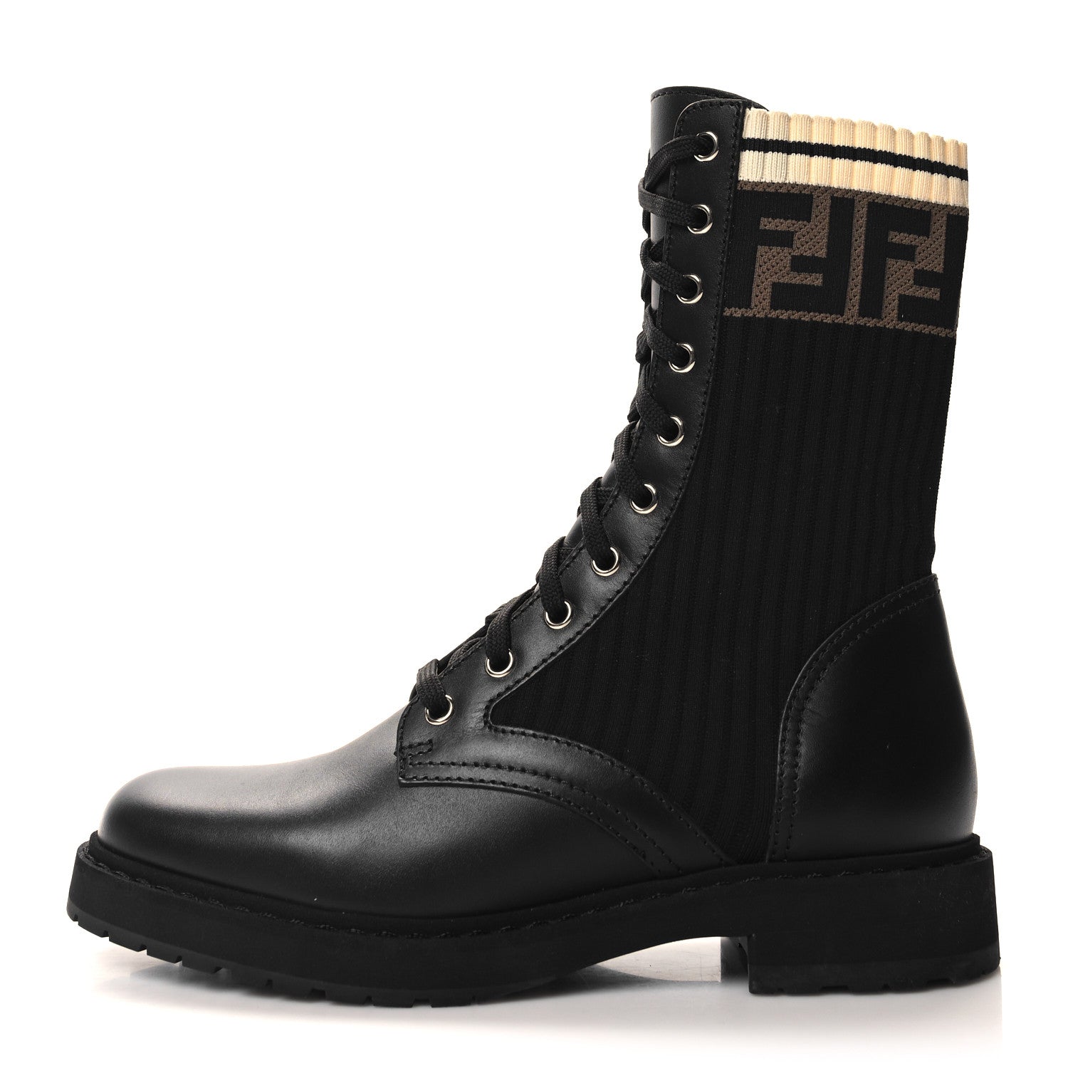 Fendi Calfskin Stretch Fabric Rockoko Biker Boots 38.5 Tobacco Black Marino 1 of 7