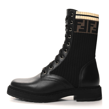 Fendi Calfskin Stretch Fabric Rockoko Biker Boots 38.5 Tobacco Black Marino 1 of 7