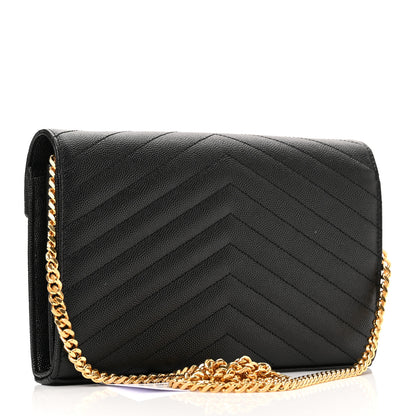 Saint Laurent Grain De Poudre Matelasse Chevron Monogram Chain Wallet Black 3 of 10