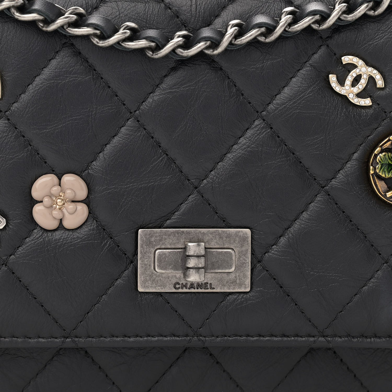 Chanel Aged Calfskin Quilted Lucky Charms 2.55 Reissue Wallet On Chain WOC Black 9 of 11