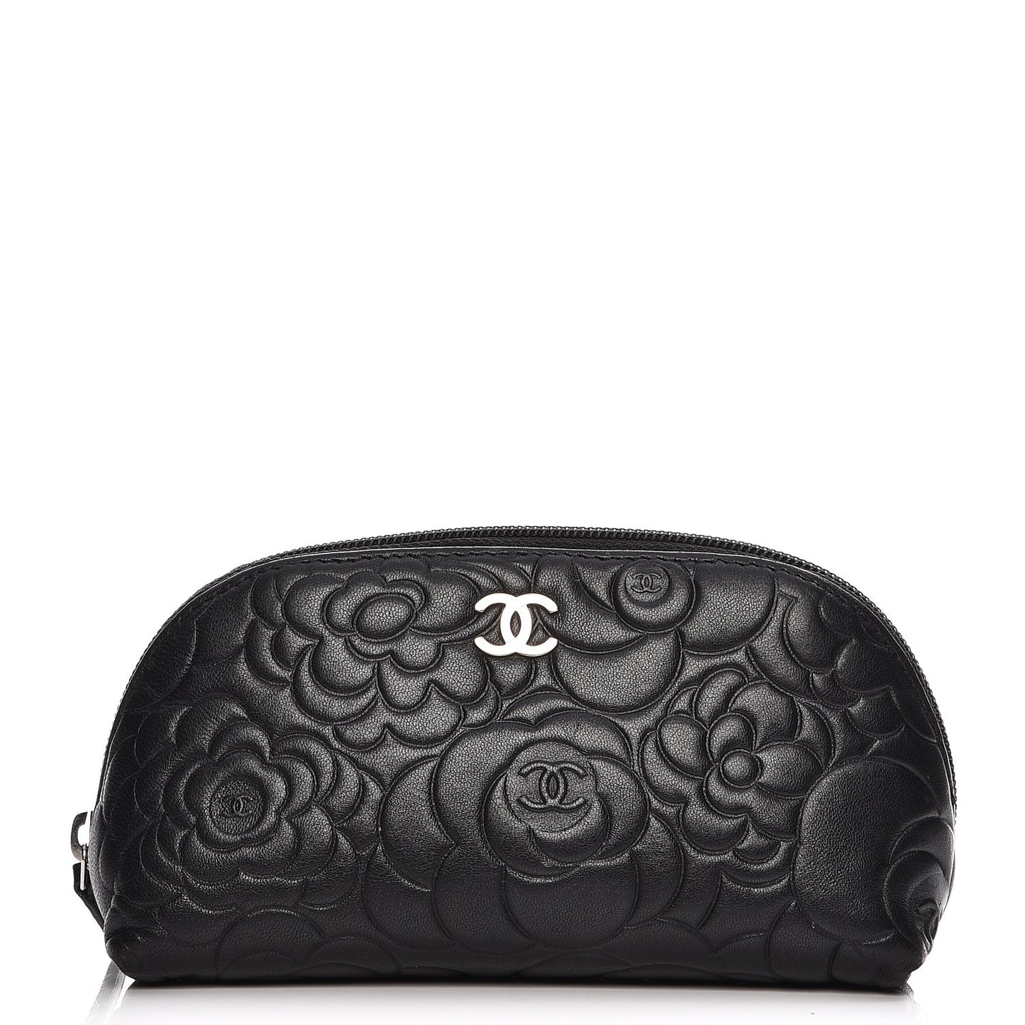Lambskin Camellia Embossed Cosmetic Case Black