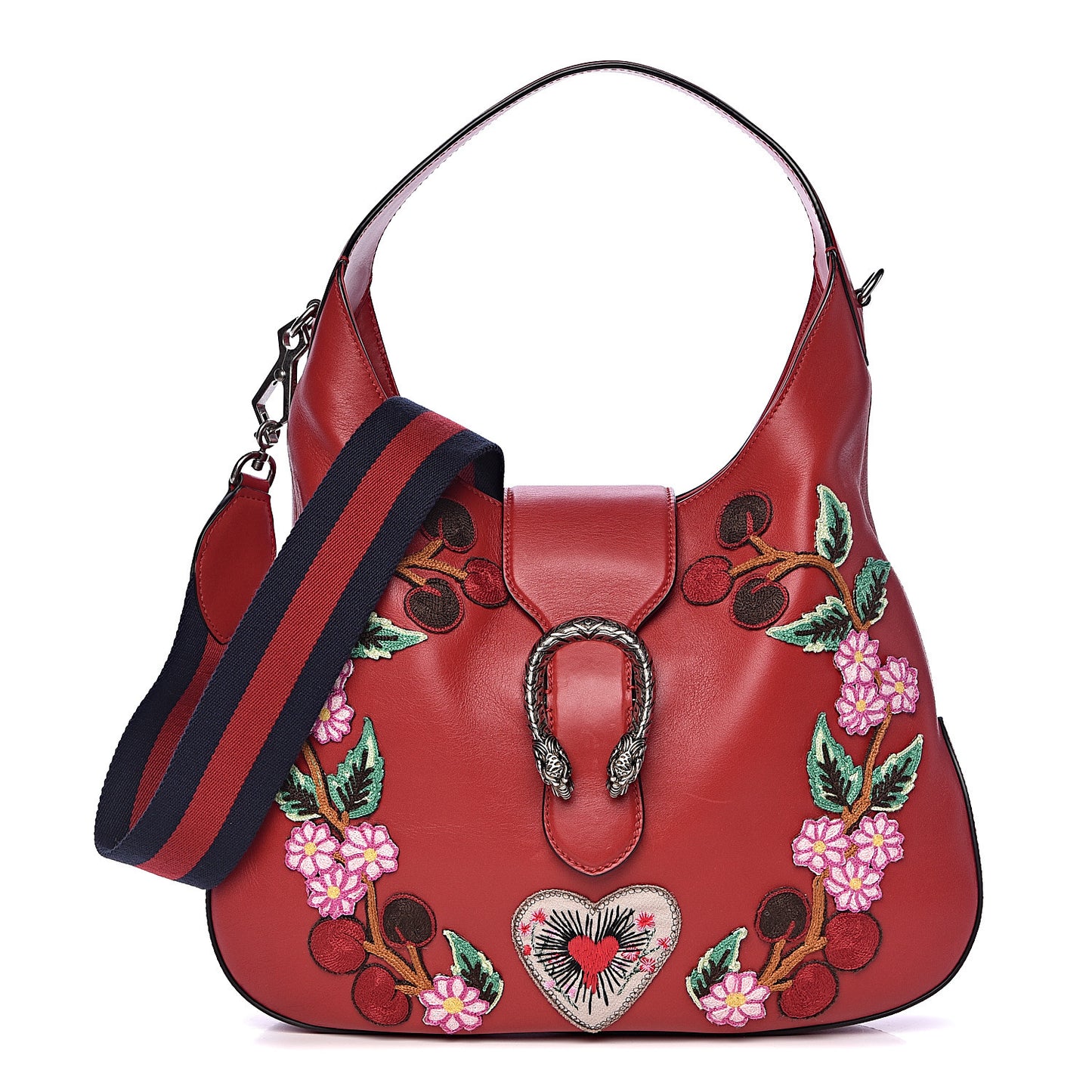 Calfskin Web Embroidered Medium Dionysus Hobo Hibiscus Red