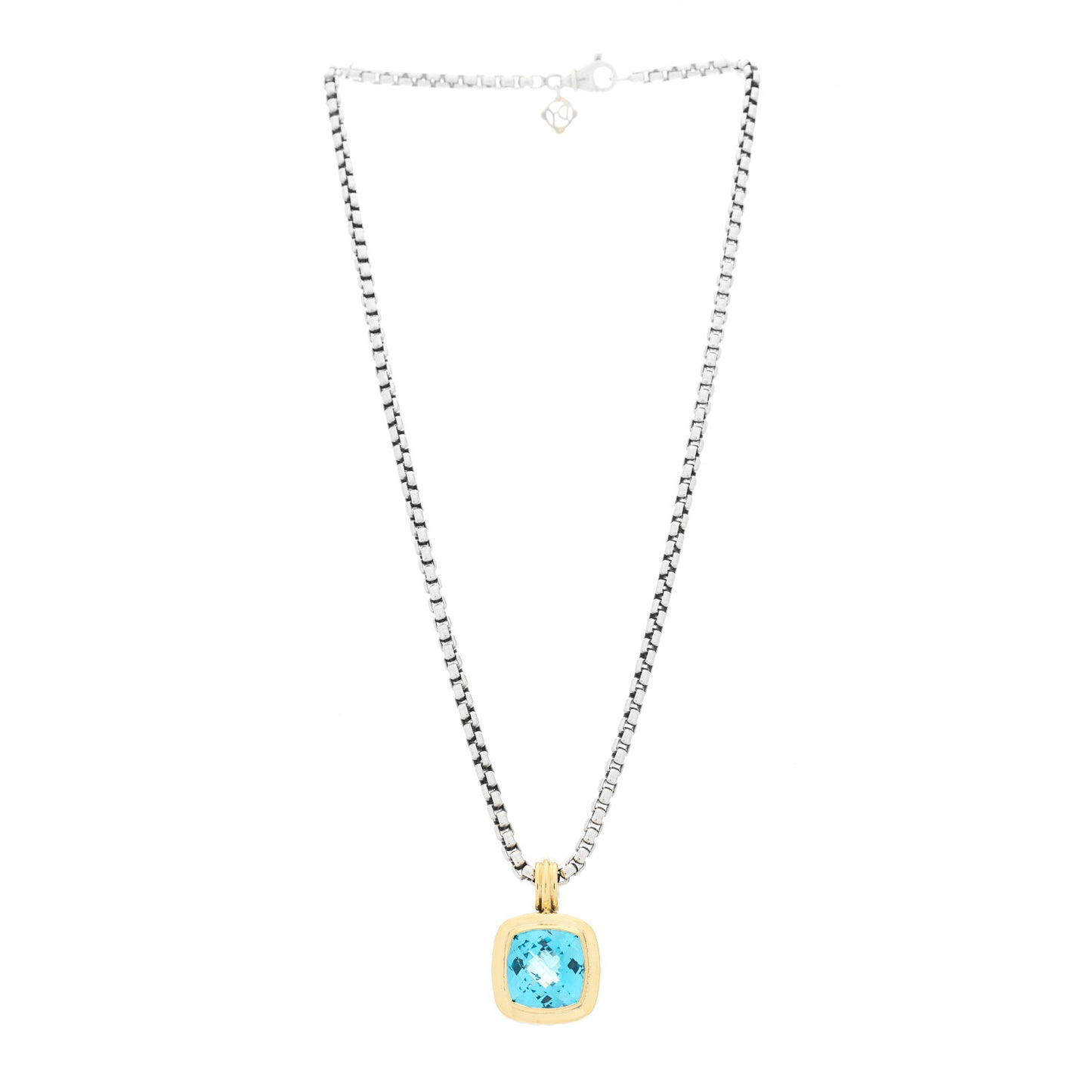 Sterling Silver 18K Yellow Gold Blue Topaz 14mm Albion Pendant Box Chain Necklace