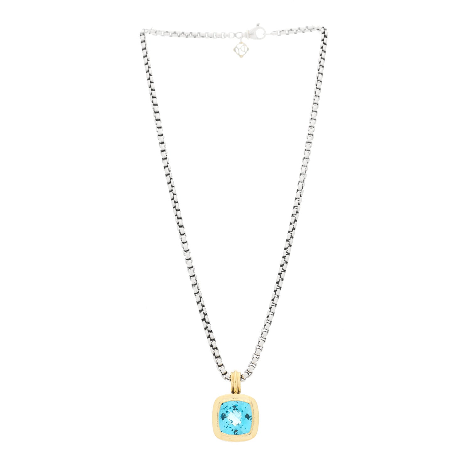 David Yurman Sterling Silver 18K Yellow Gold Blue Topaz 14mm Albion Pendant Box Chain Necklace 3 of 6