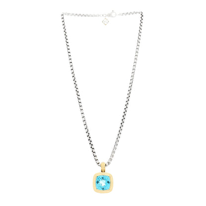 David Yurman Sterling Silver 18K Yellow Gold Blue Topaz 14mm Albion Pendant Box Chain Necklace 3 of 6