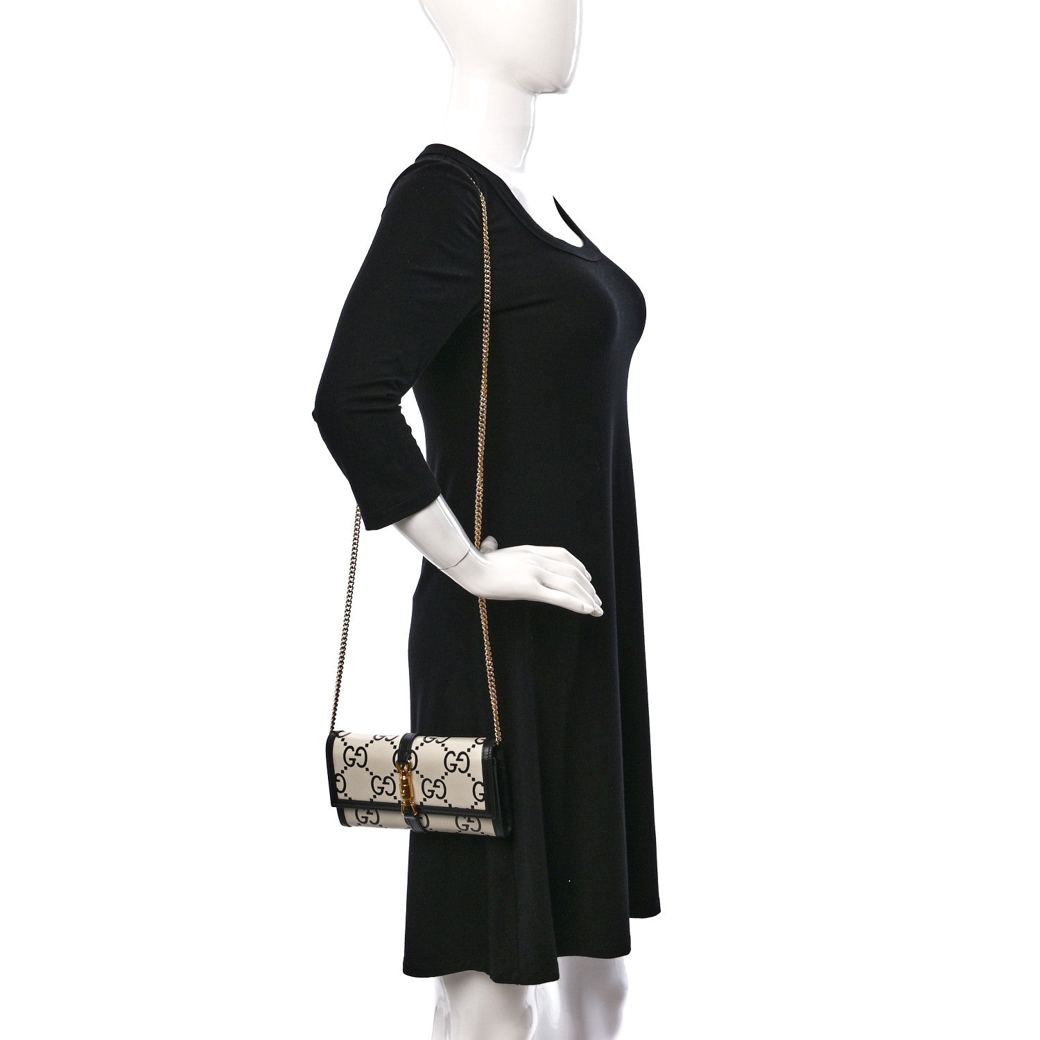 Gucci Azalea Calfskin GG Monogram Bi-Color Debossed Jackie 1961 Chain Wallet Mystic White Black 3 of 9