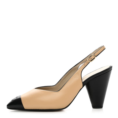 Chanel Lambskin Cap Toe CC Slingback Pumps 39.5 Beige Black 1 of 10