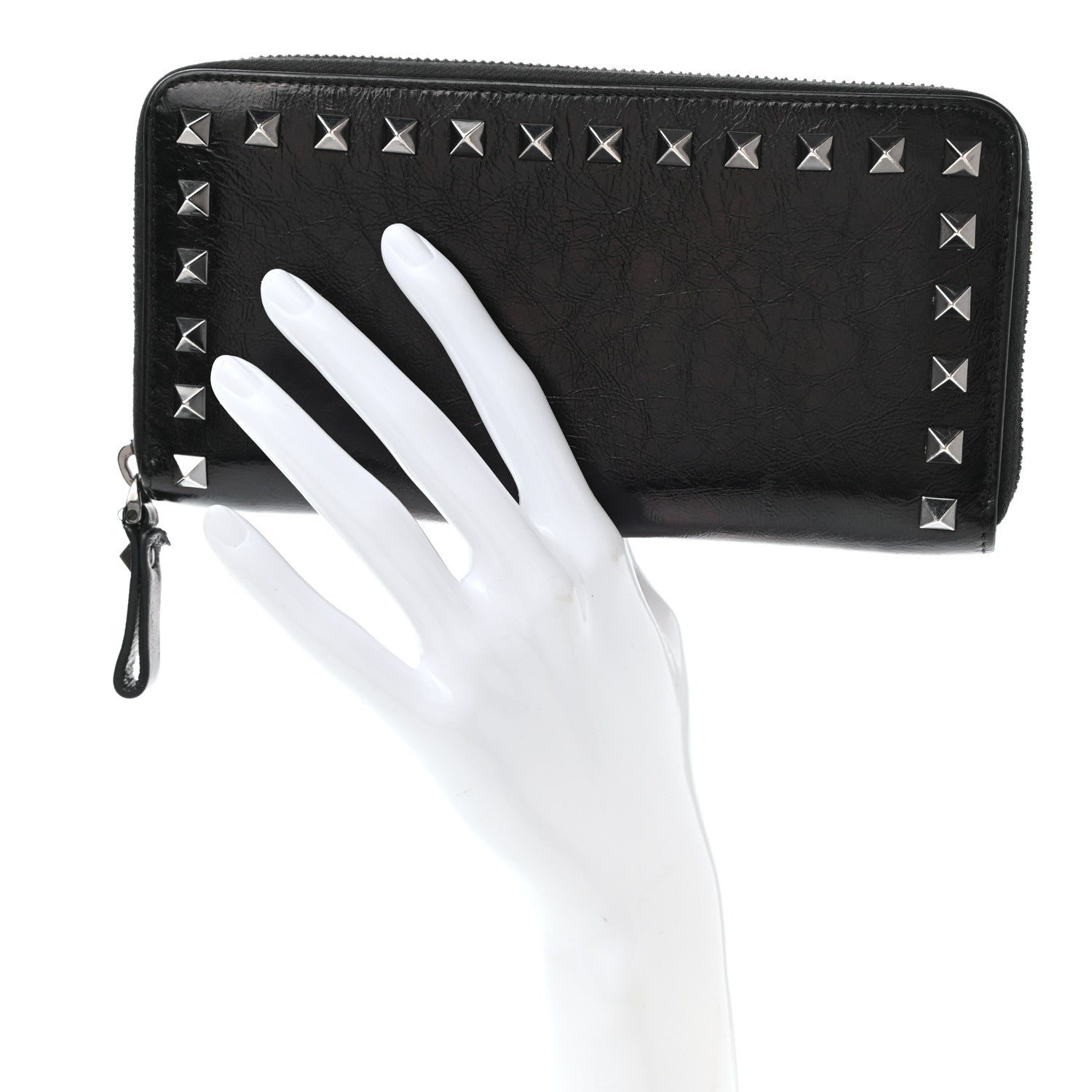 Valentino Garavani Craquele Calfskin Rockstud Zip Around Wallet Black 2 of 10