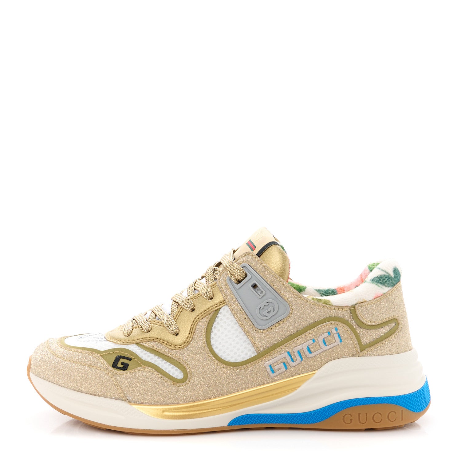 Gucci Metallic Calfskin Glitter Mesh Womens Ultrapace Sneakers 36 Gold 1 of 9