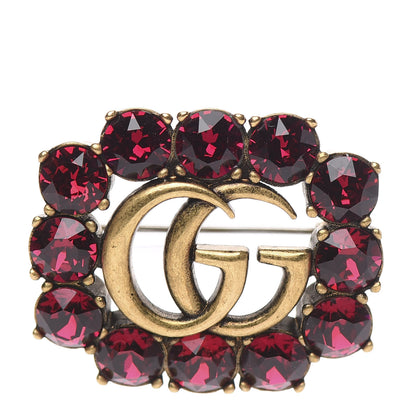 Gucci Metal Crystal Double G Brooch Aged Gold Red 1 of 4