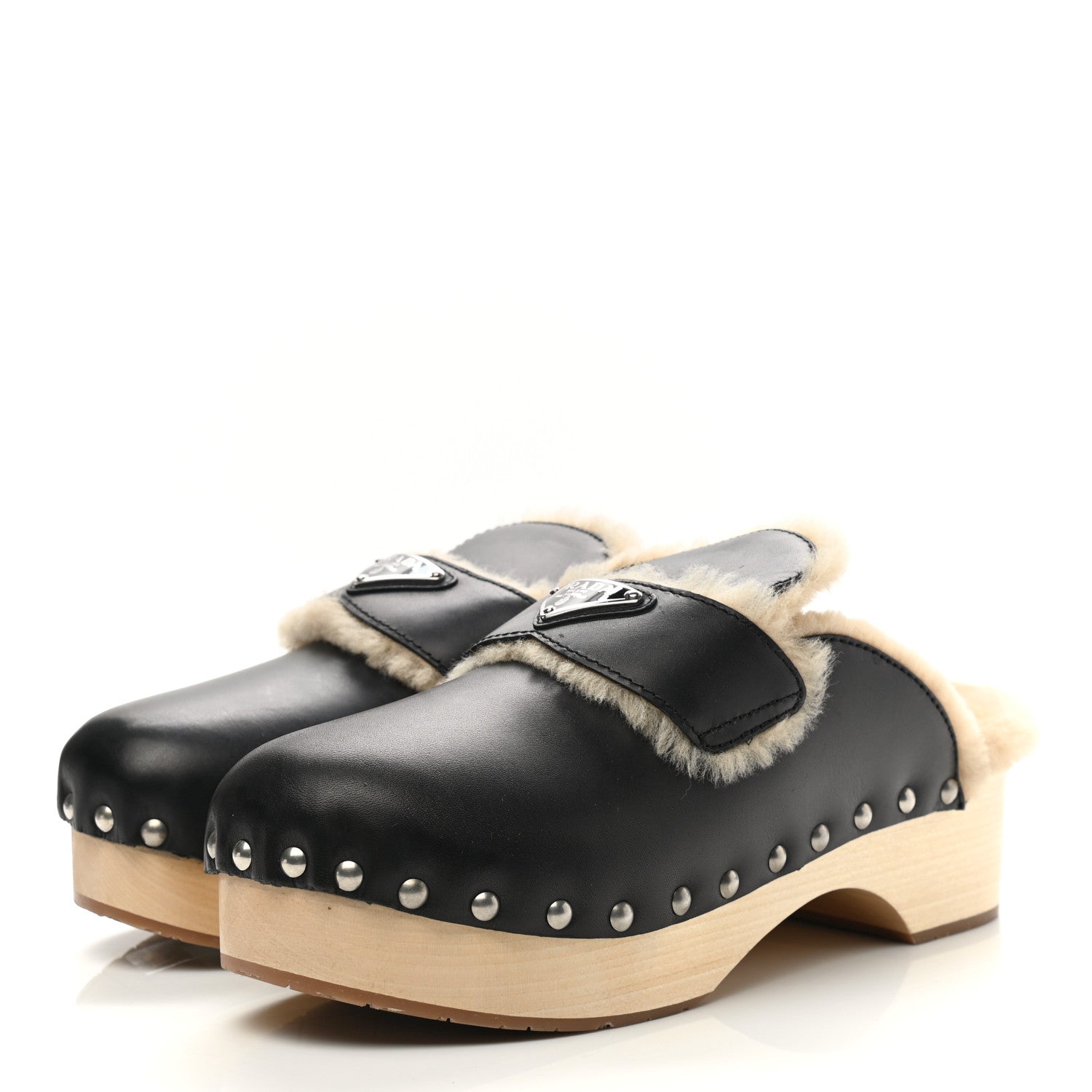 Prada Natural Calfskin Shearling Metal Triangle Logo 45mm Clogs 41 Black Sabbia 3 of 10