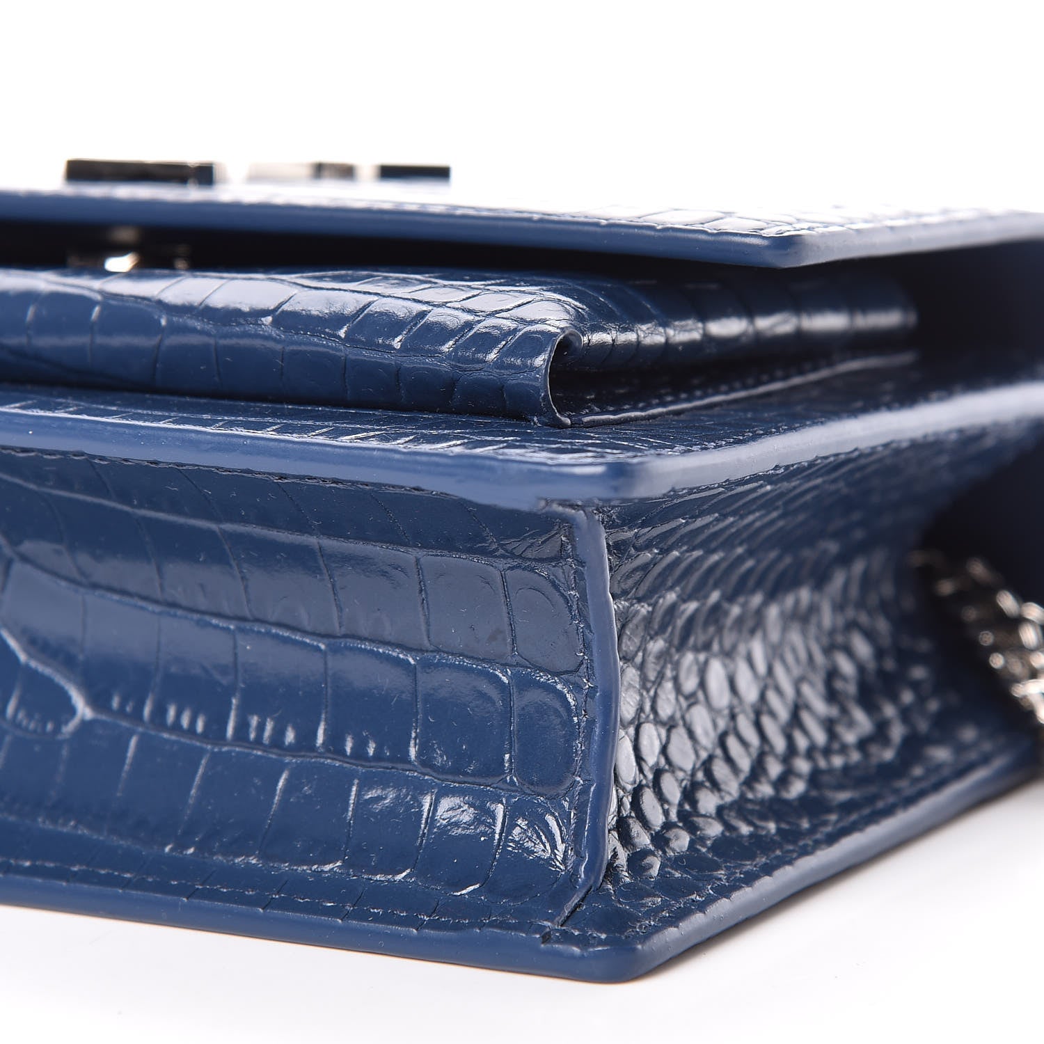 Saint Laurent Calfskin Crocodile Embossed Monogram Sunset Chain Wallet Denim 7 of 13