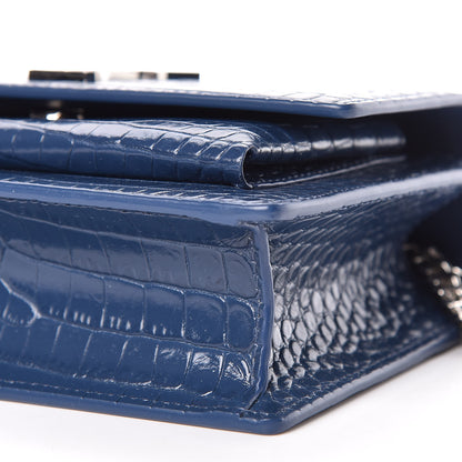 Saint Laurent Calfskin Crocodile Embossed Monogram Sunset Chain Wallet Denim 7 of 13