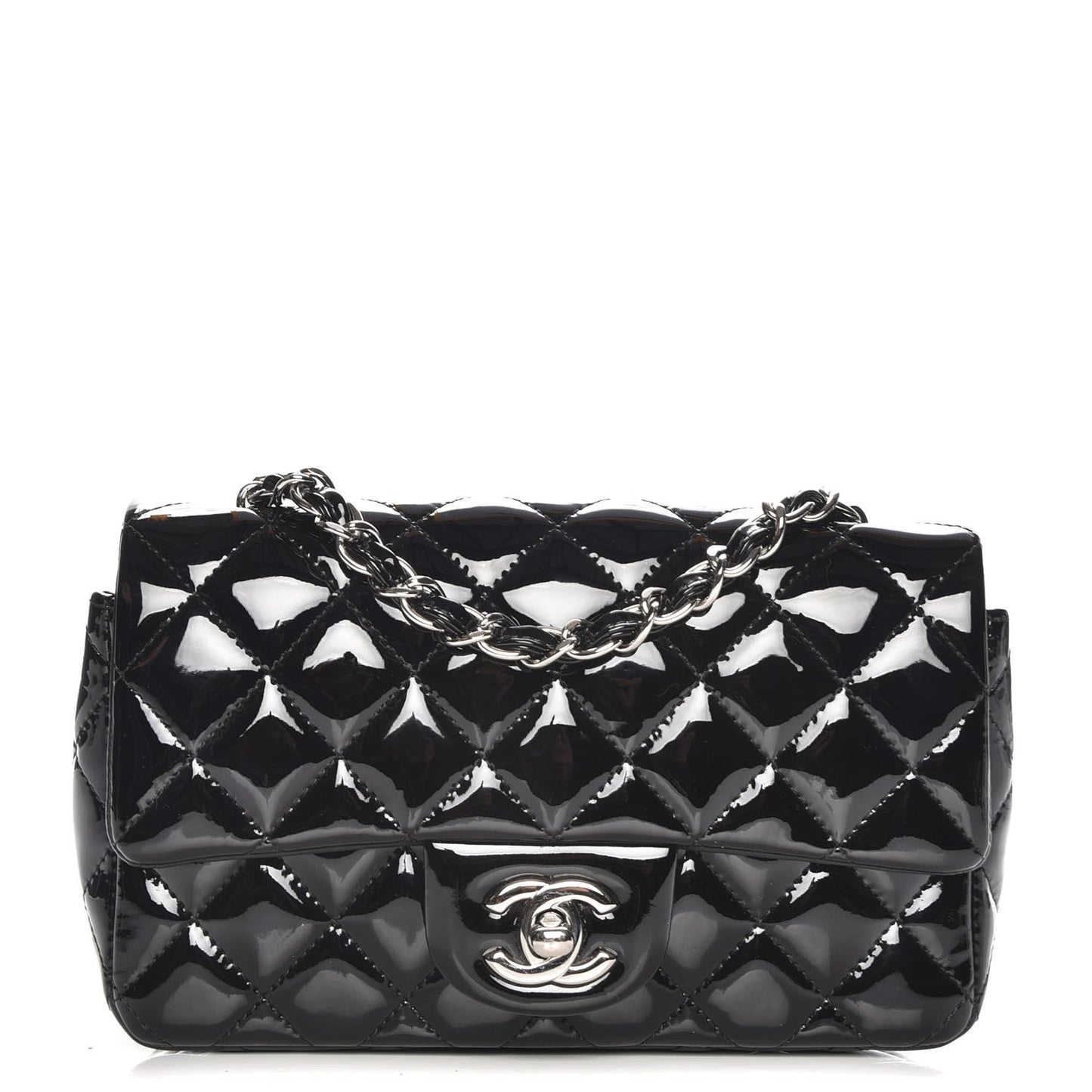 Patent Calfskin Quilted Mini Rectangular Flap Black
