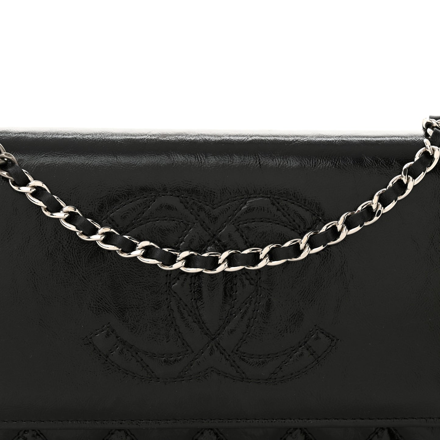 Shiny Aged Calfskin Quilted CC Wallet On Chain WOC Black