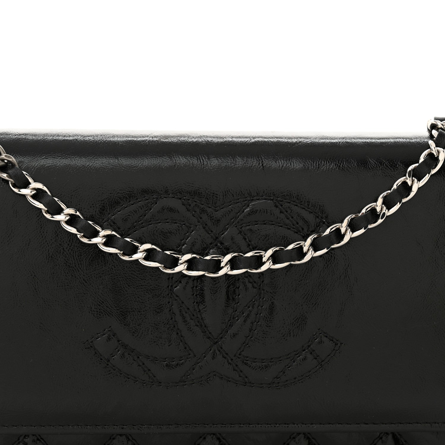 Chanel Shiny Aged Calfskin Quilted CC Wallet On Chain WOC Black 9 of 12