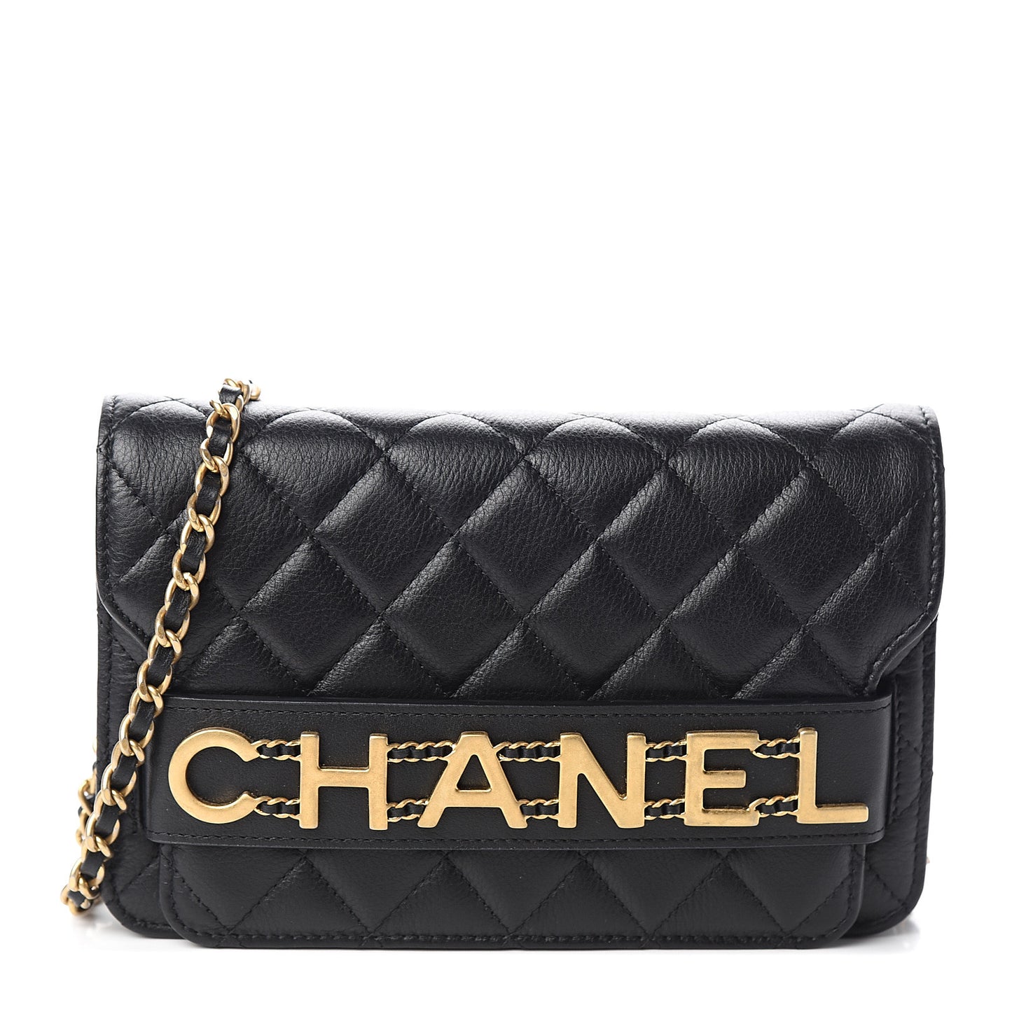 Calfskin Quilted Logo Wallet On Chain WOC Black