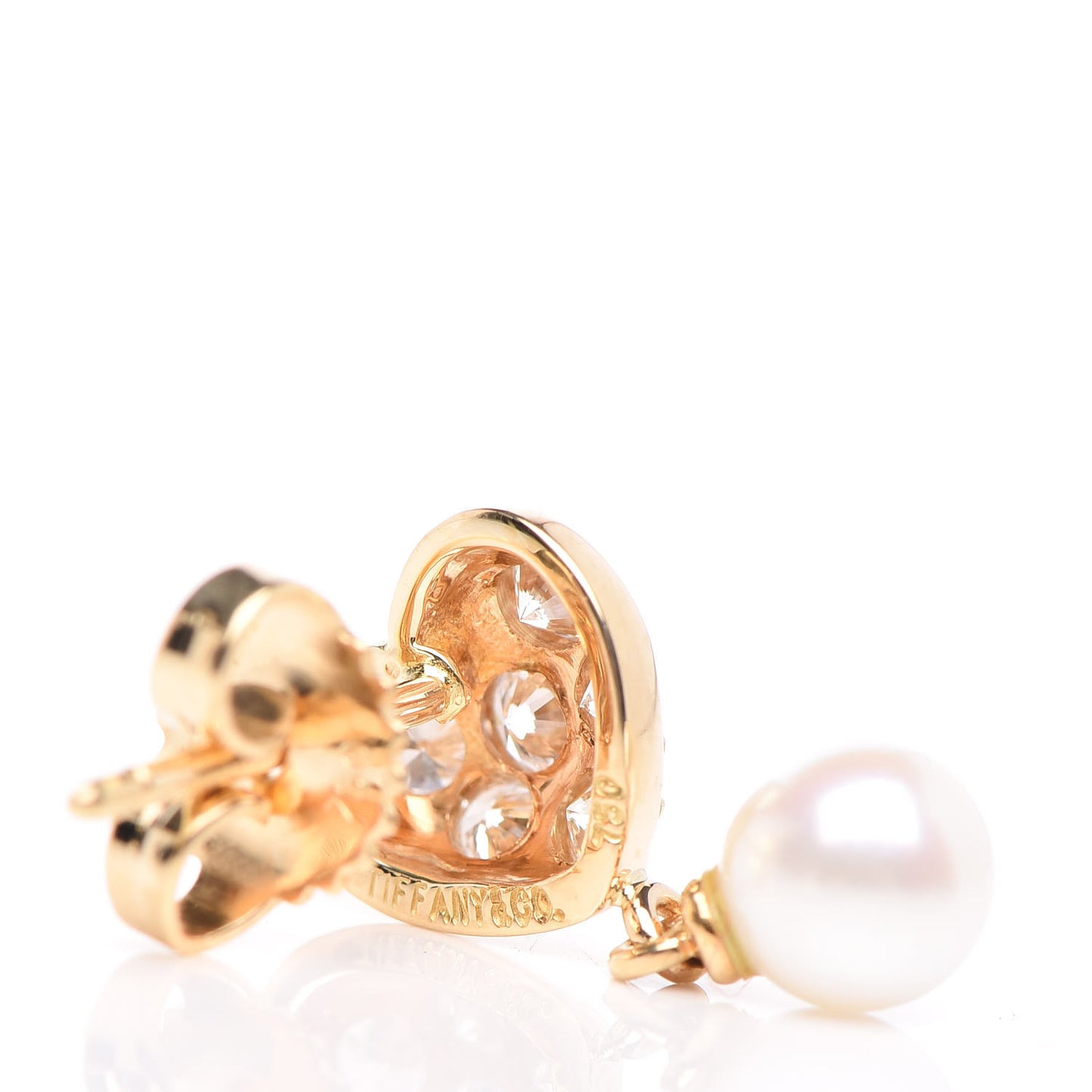 18K Yellow Gold Diamond Pearl 5mm Heart Pearl Drop Earrings