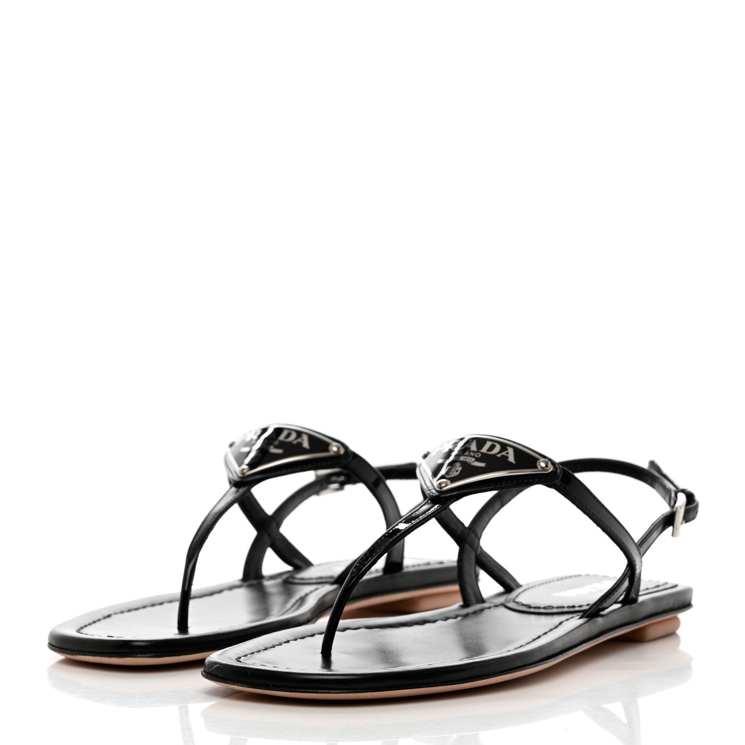 Prada Vernice Metal Triangle Logo Slingback Flat Thong Sandals 36 Black 3 of 9