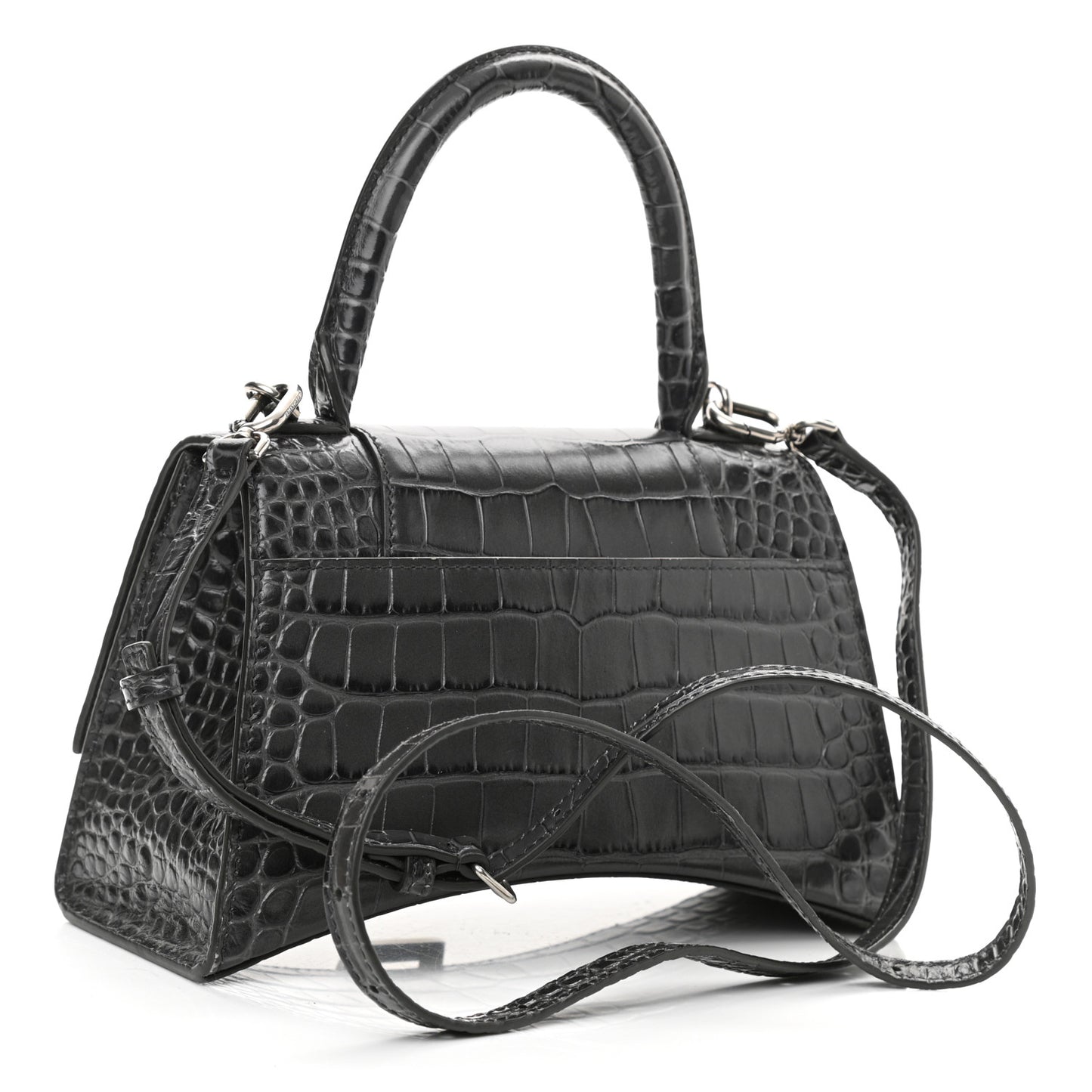 Shiny Calfskin Crocodile Embossed Small Hourglass Top Handle Bag Dark Grey