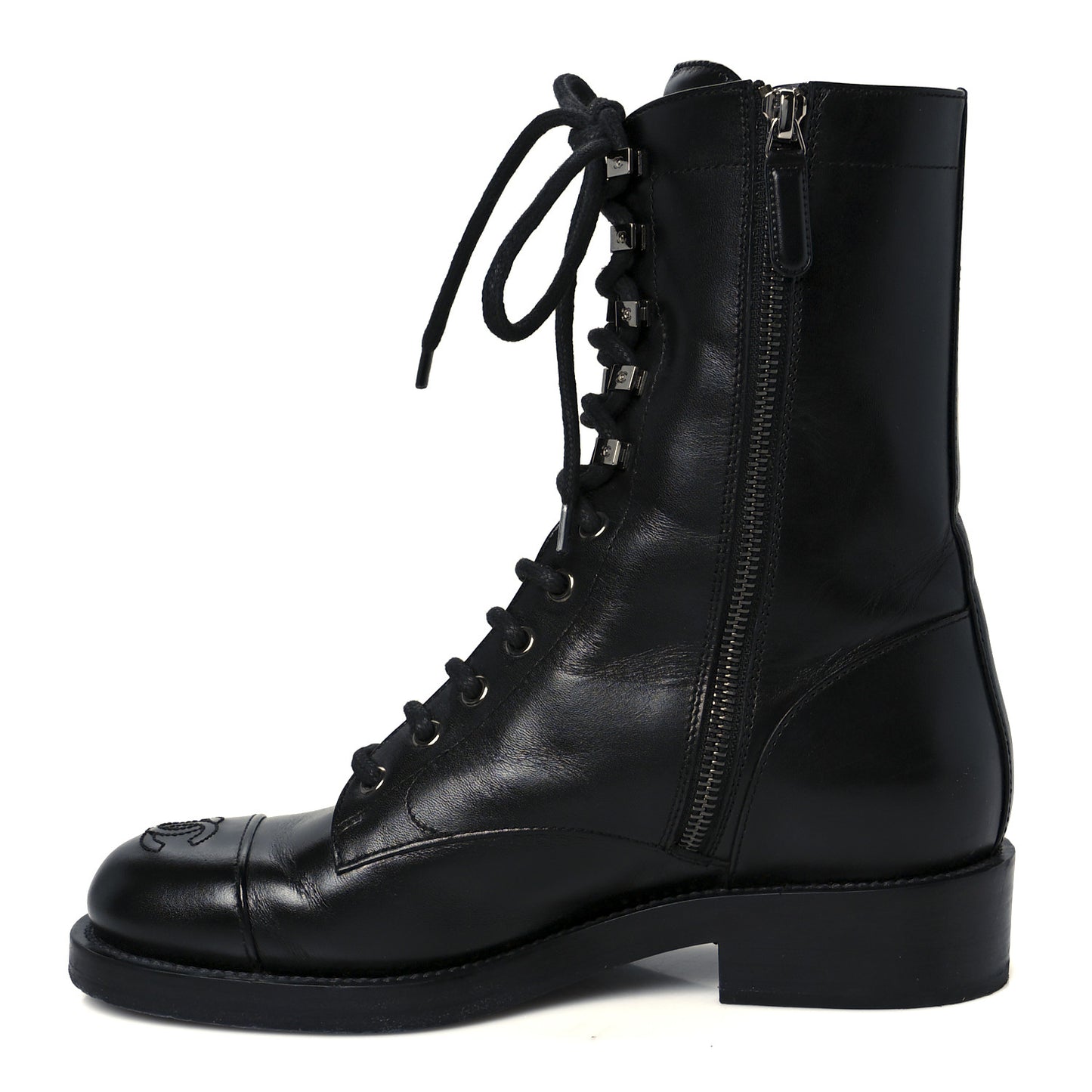 Calfskin Lace Up Combat Boots 38 Black