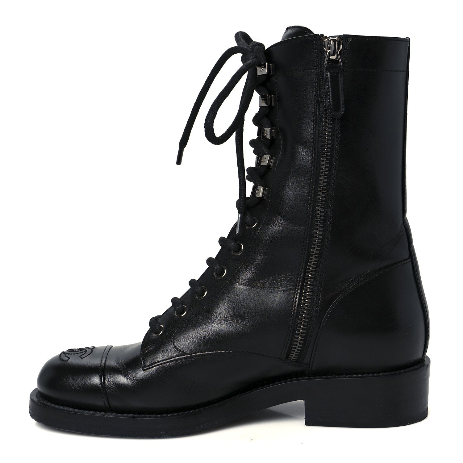 Chanel Calfskin Lace Up Combat Boots 38 Black 1 of 11