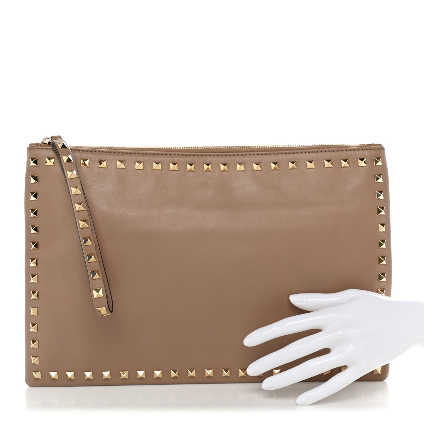 Vitello Large Rockstud Zip Wristlet Pouch Alpaca
