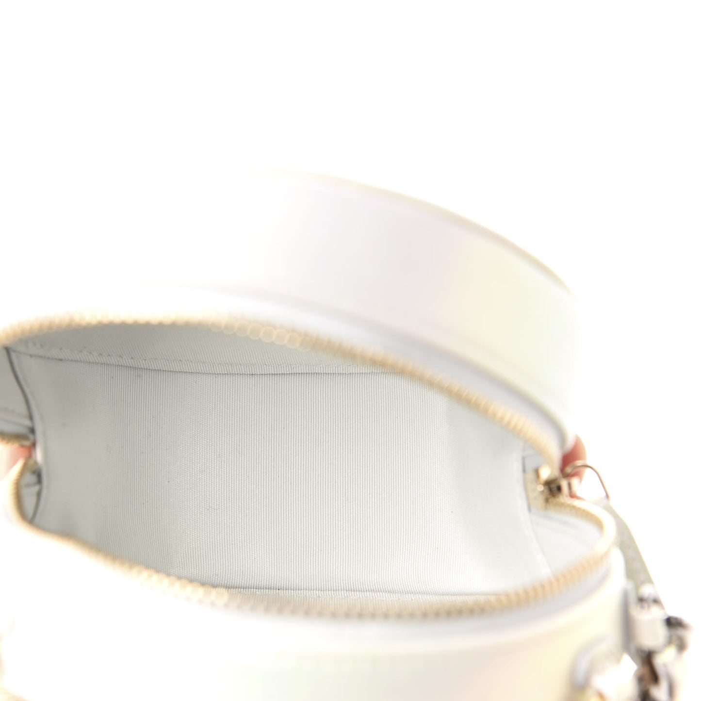 Iridescent Calfskin Quilted 19 Round Clutch With Chain White