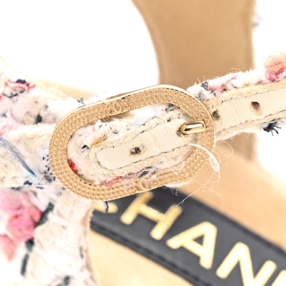 Chanel Tweed Cork CC Wedge Sandals 37 Ecru Pink Blue Green 11 of 14