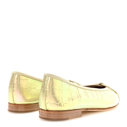Chanel Iridescent Calfskin Crocodile Embossed Cap Toe CC Ballerina Flats 37.5 Yellow 5 of 9