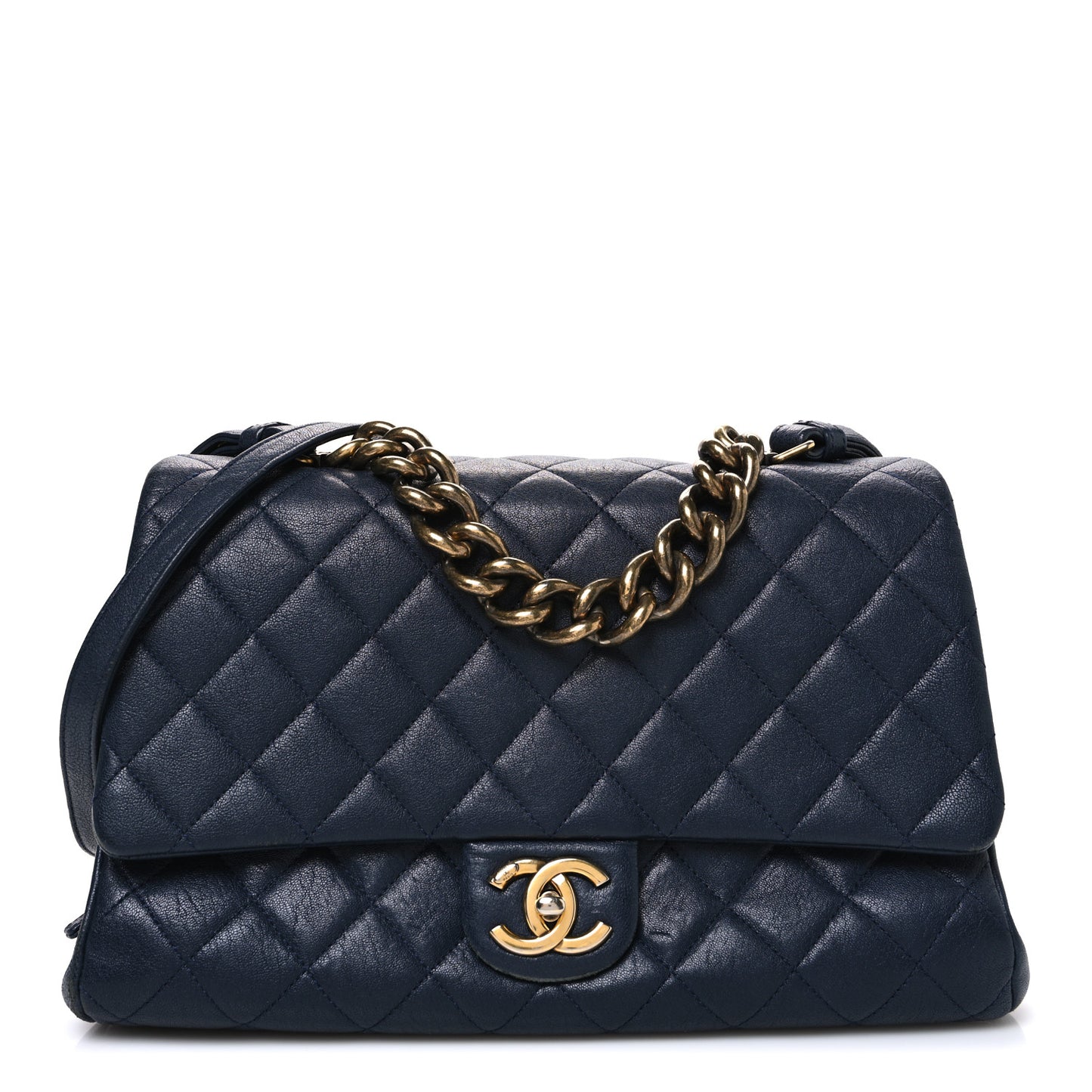 Shiny Sheepskin Quilted Large Trapezio Flap Navy