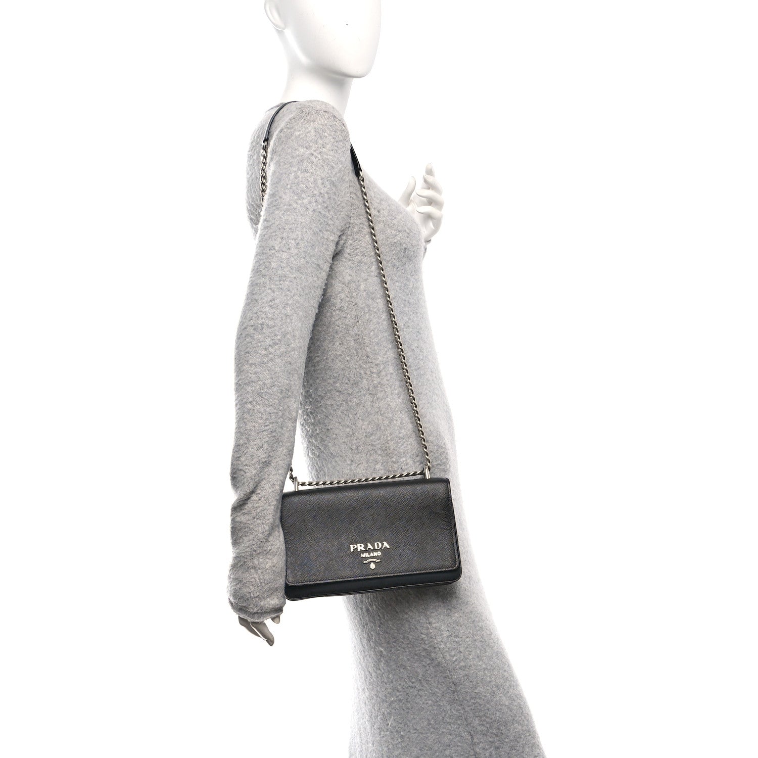 Prada Saffiano Tessuto Nylon Chain Shoulder Bag Black 2 of 11