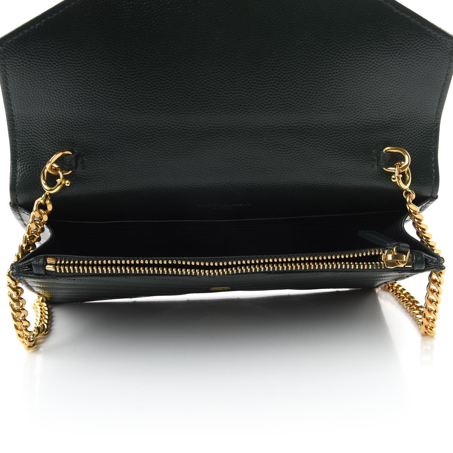 Saint Laurent Grain De Poudre Matelasse Chevron Monogram Envelope Chain Wallet Dark Green 7 of 9