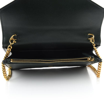 Saint Laurent Grain De Poudre Matelasse Chevron Monogram Envelope Chain Wallet Dark Green 7 of 9