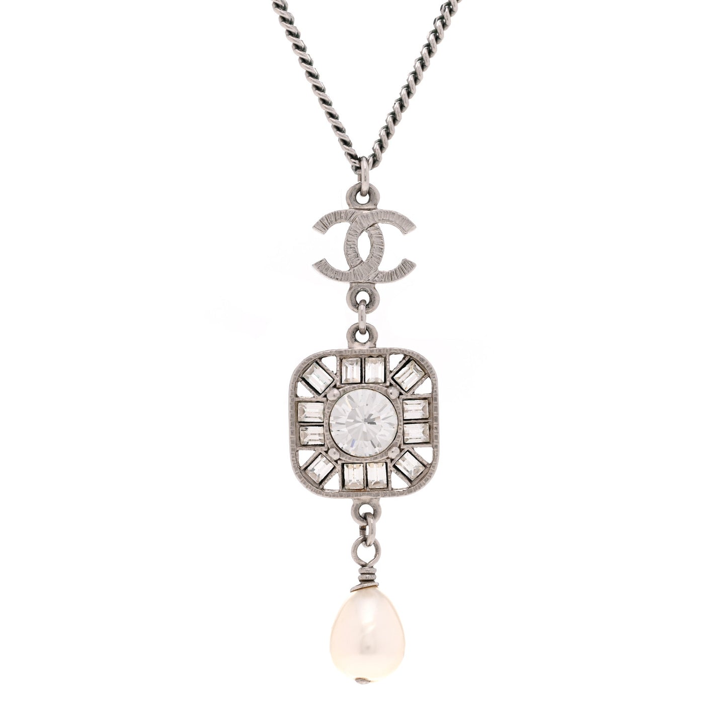 Crystal Baguette Pearl CC Necklace Silver