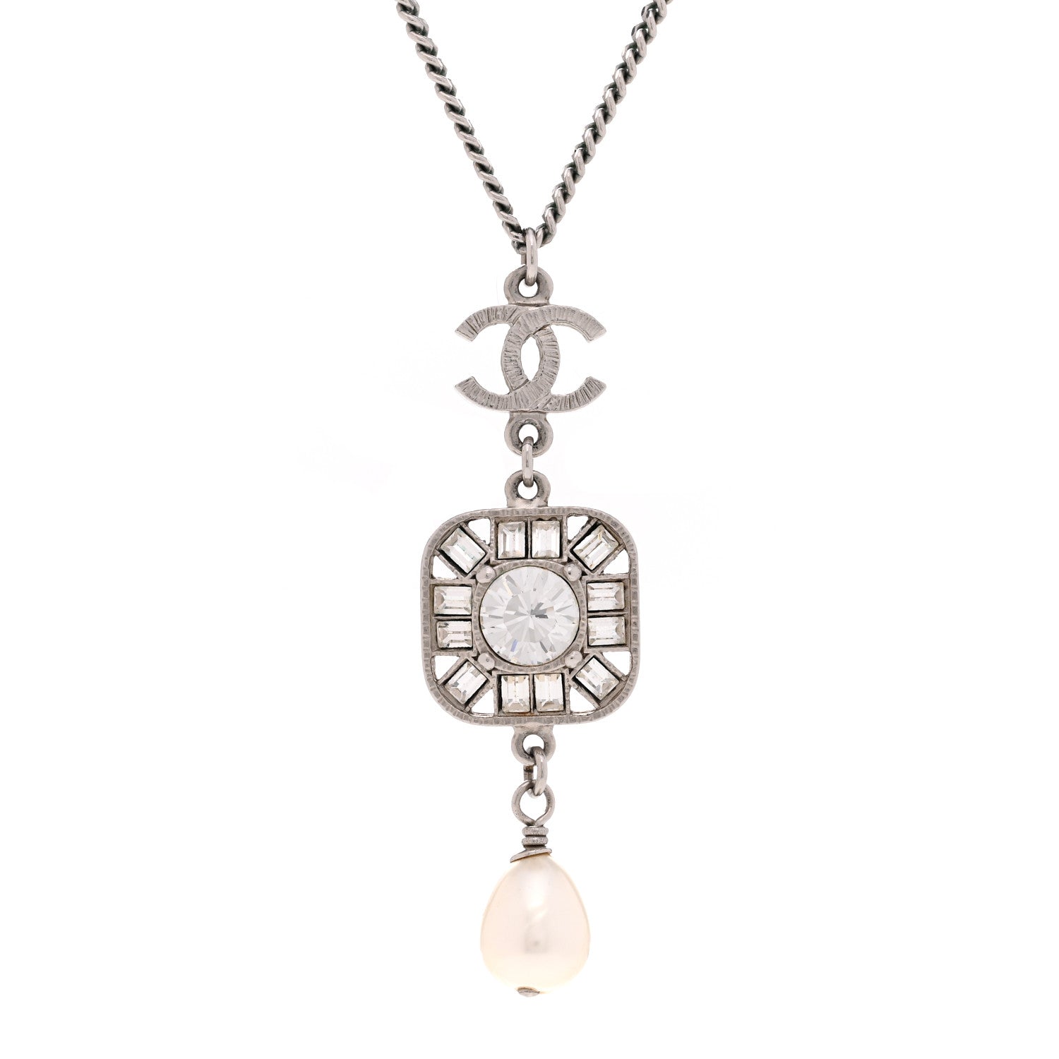 Chanel Crystal Baguette Pearl CC Necklace Silver 4 of 6
