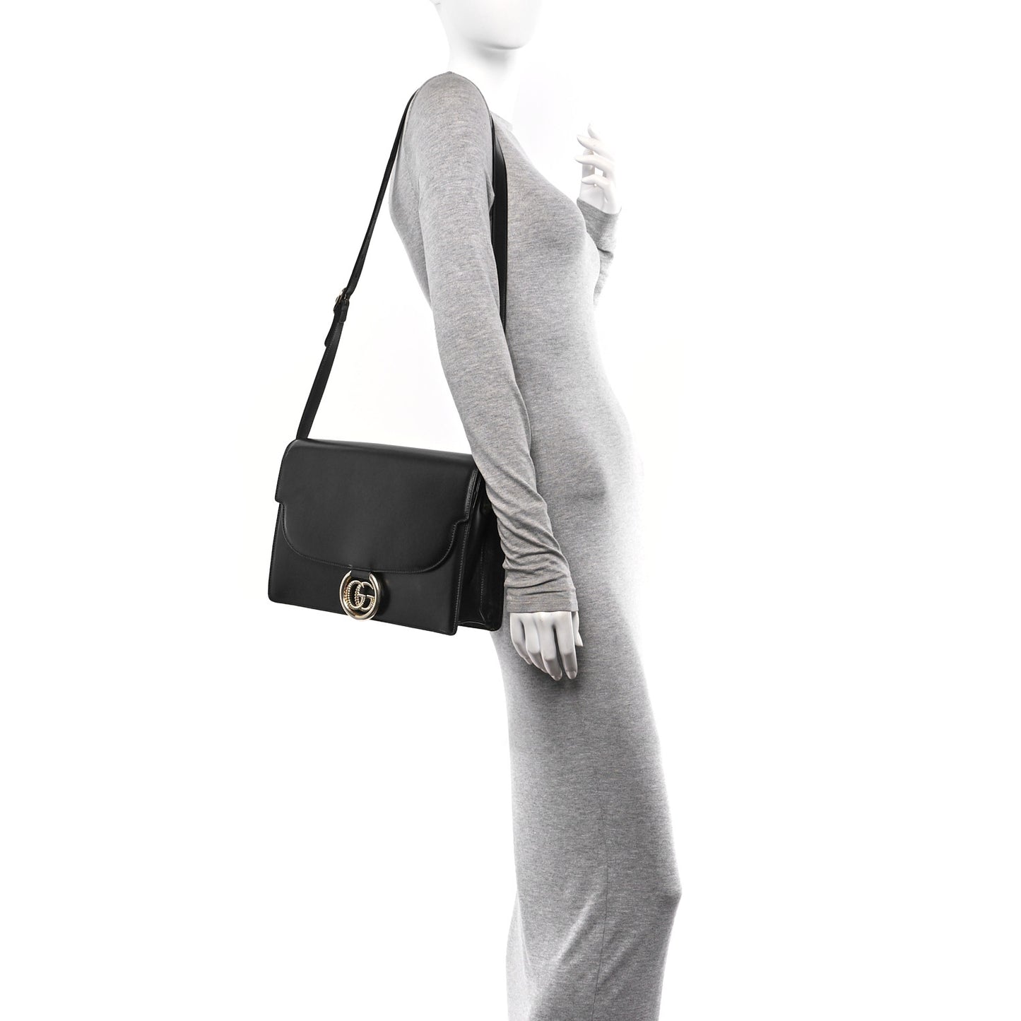 Textured Calfskin Medium Torchon GG Ring Shoulder Bag Black