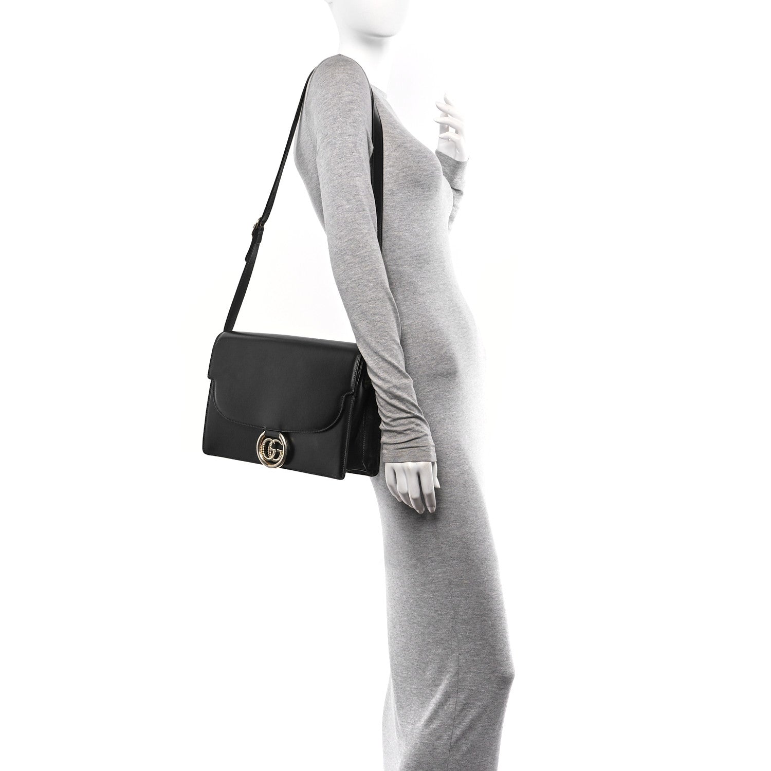 Gucci Textured Calfskin Medium Torchon GG Ring Shoulder Bag Black 2 of 13