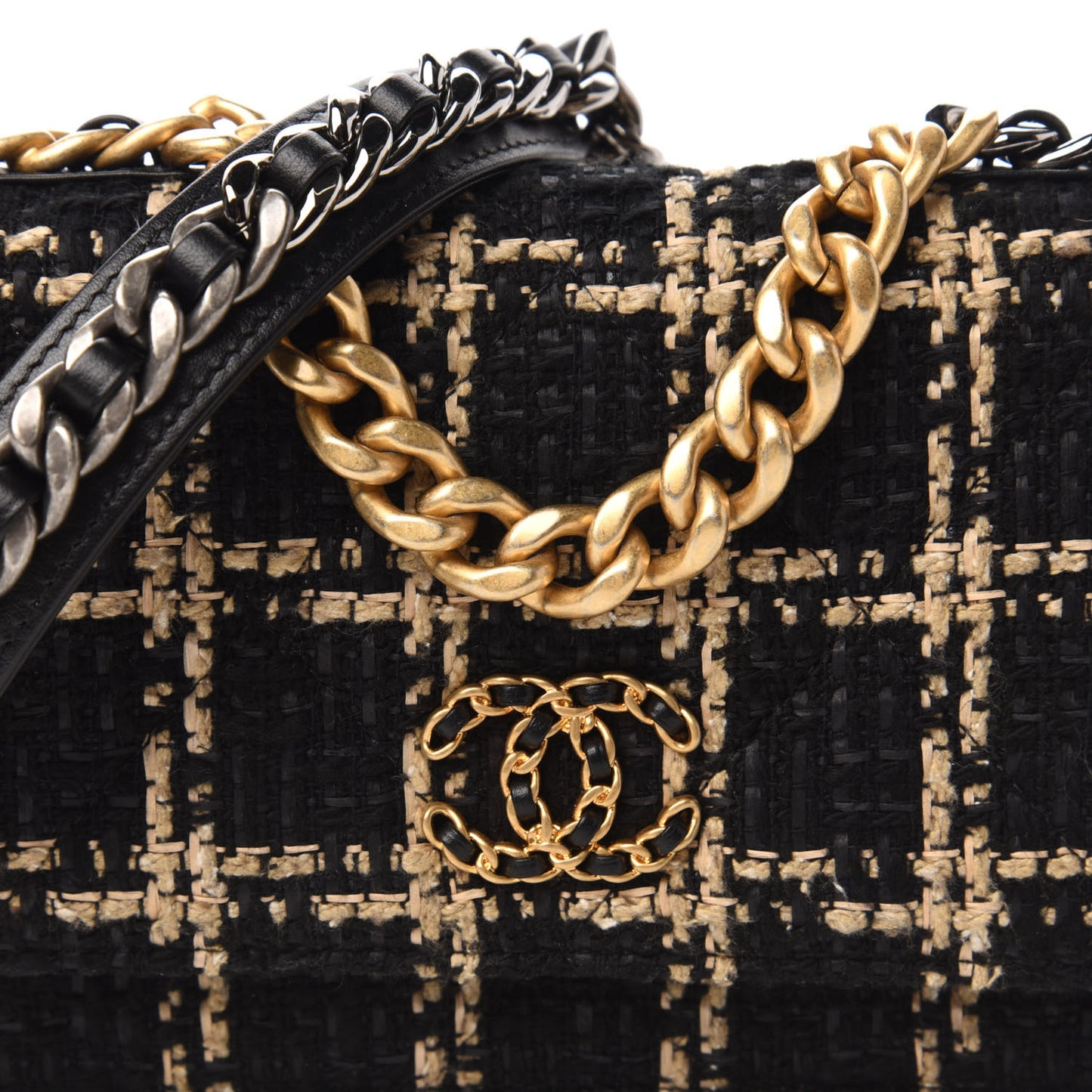Tweed Quilted Chanel 19 Wallet On Chain WOC Black Beige