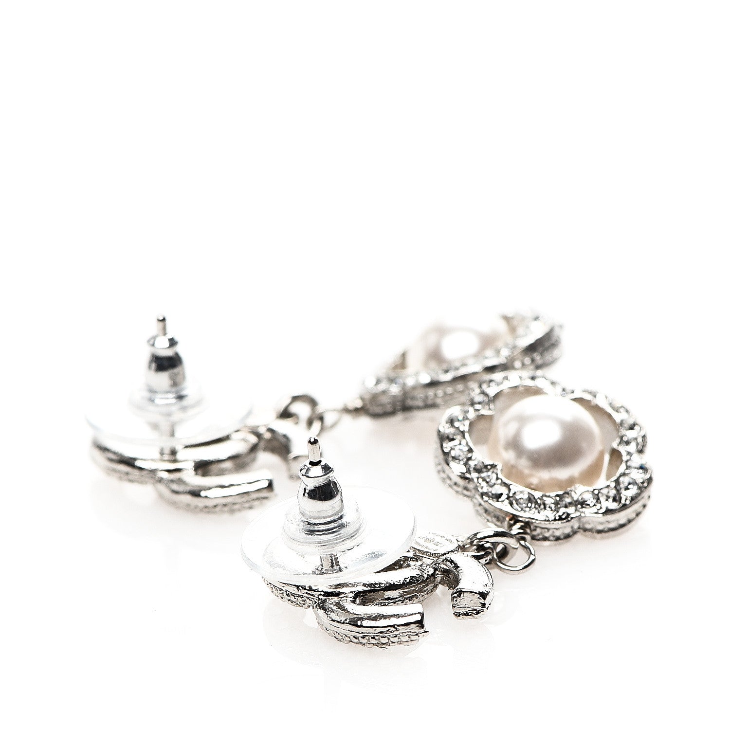 Chanel Crystal Pearl Camellia CC Coco Flapper Drop Earrings Silver 3 of 5