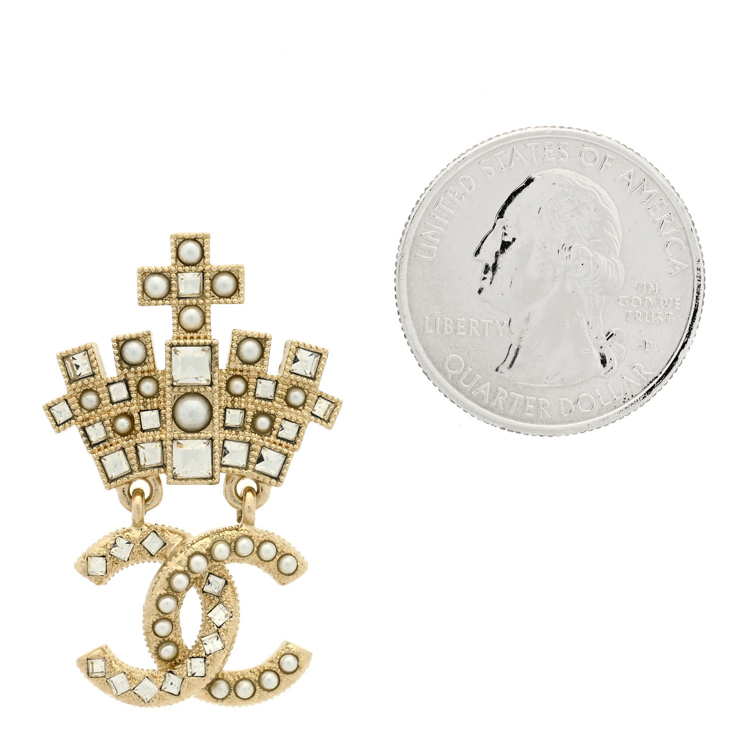 Chanel Pearl Crystal CC Crown Brooch Gold 2 of 4