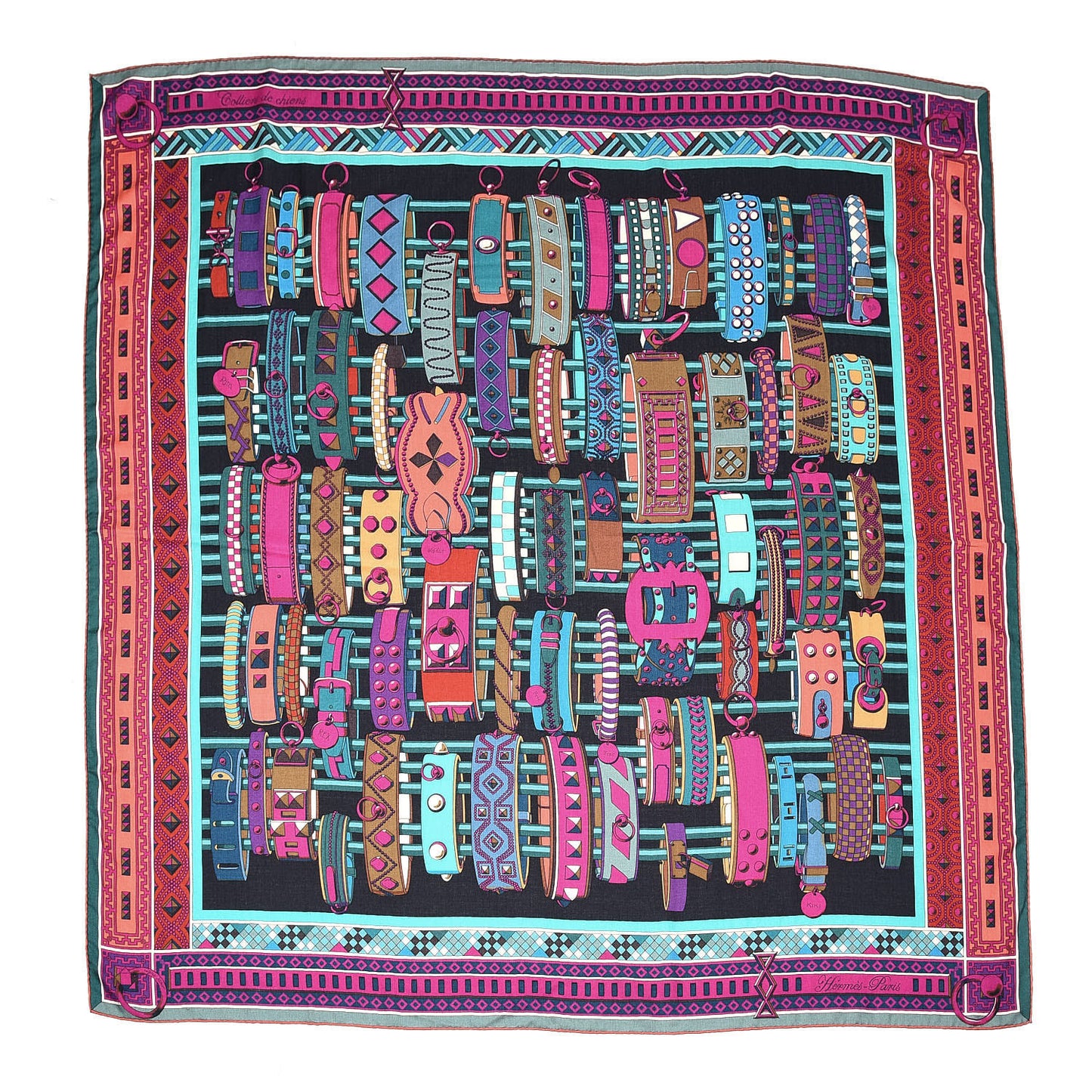 Cashmere Silk Colliers de Chiens Shawl 140 Black Turquoise Fuchsia