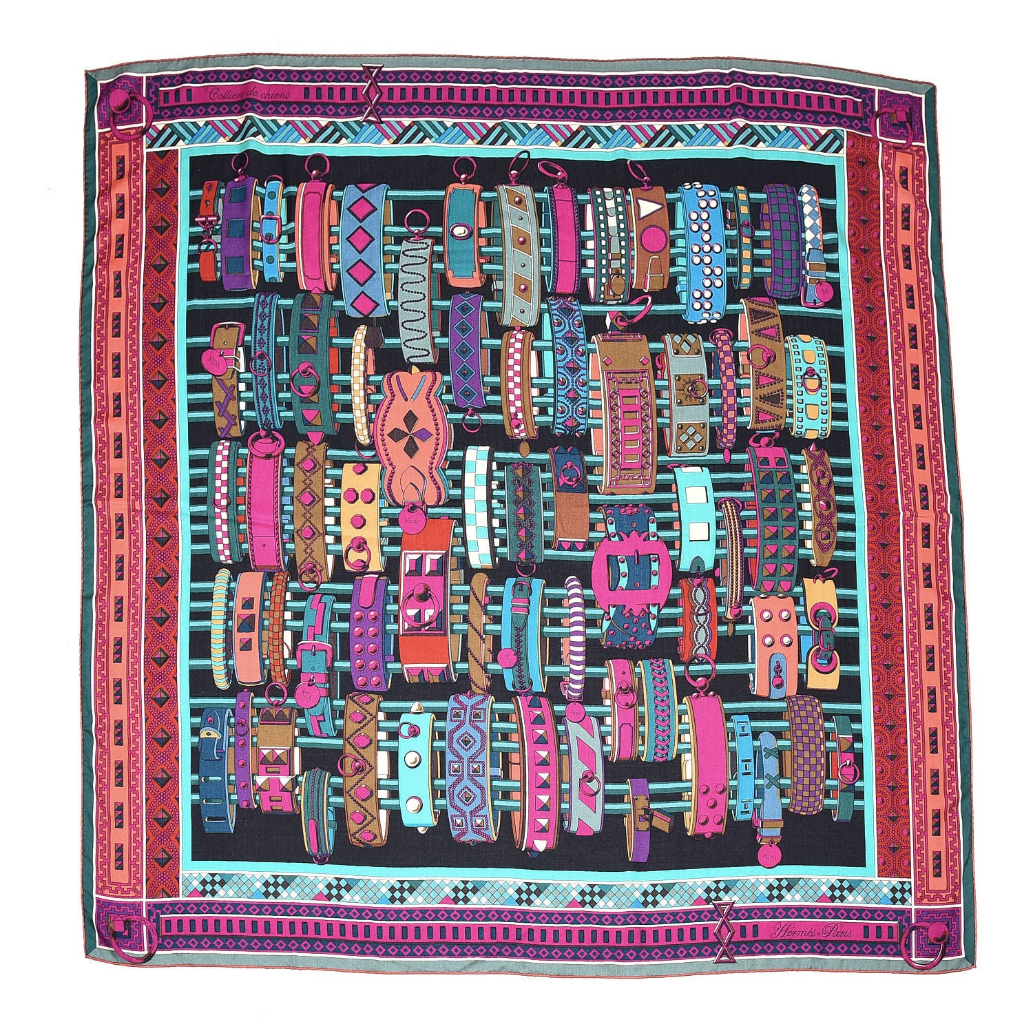 Hermes Cashmere Silk Colliers de Chiens Shawl 140 Black Turquoise Fuchsia 1 of 6
