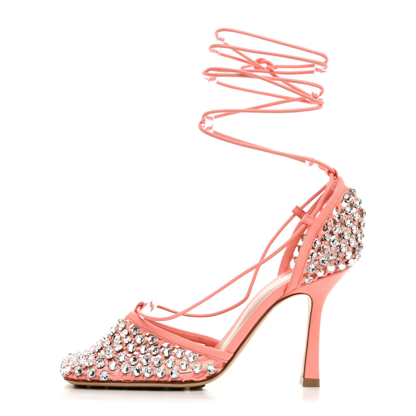 Mesh Nappa Crystal Embellished Sparkle Stretch Ankle Tie 90mm Sandals 36 Salmon Pink