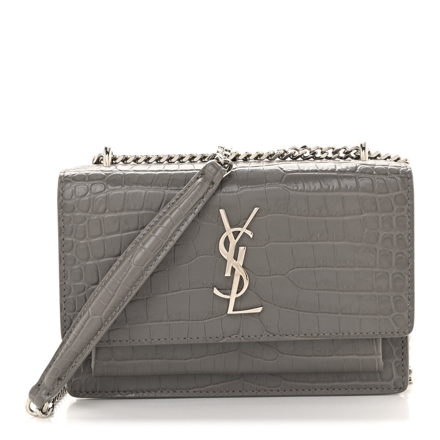 Saint Laurent Calfskin Crocodile Embossed Monogram Sunset Chain Wallet Fog 1 of 14