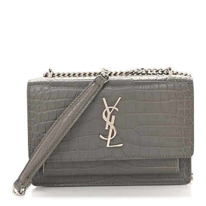 Saint Laurent Calfskin Crocodile Embossed Monogram Sunset Chain Wallet Fog 1 of 14