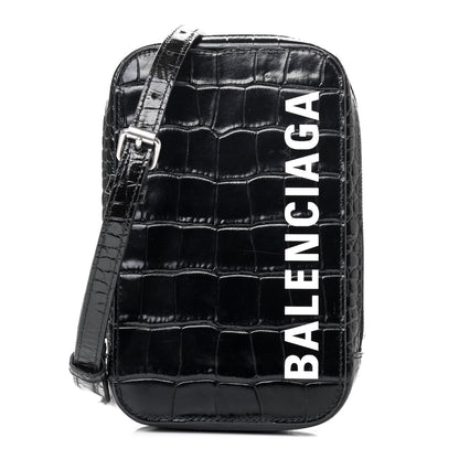 Balenciaga Shiny Calfskin Logo Crocodile Embossed Cash Phone Holder Bag Black White 1 of 4