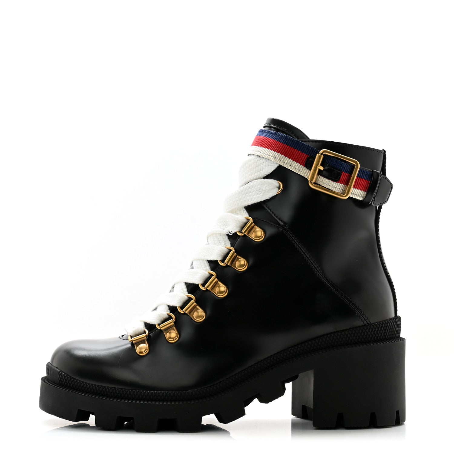 Gucci Calfskin Sylvie Web Womens Lace Up Combat Boots 35.5 Black 1 of 10