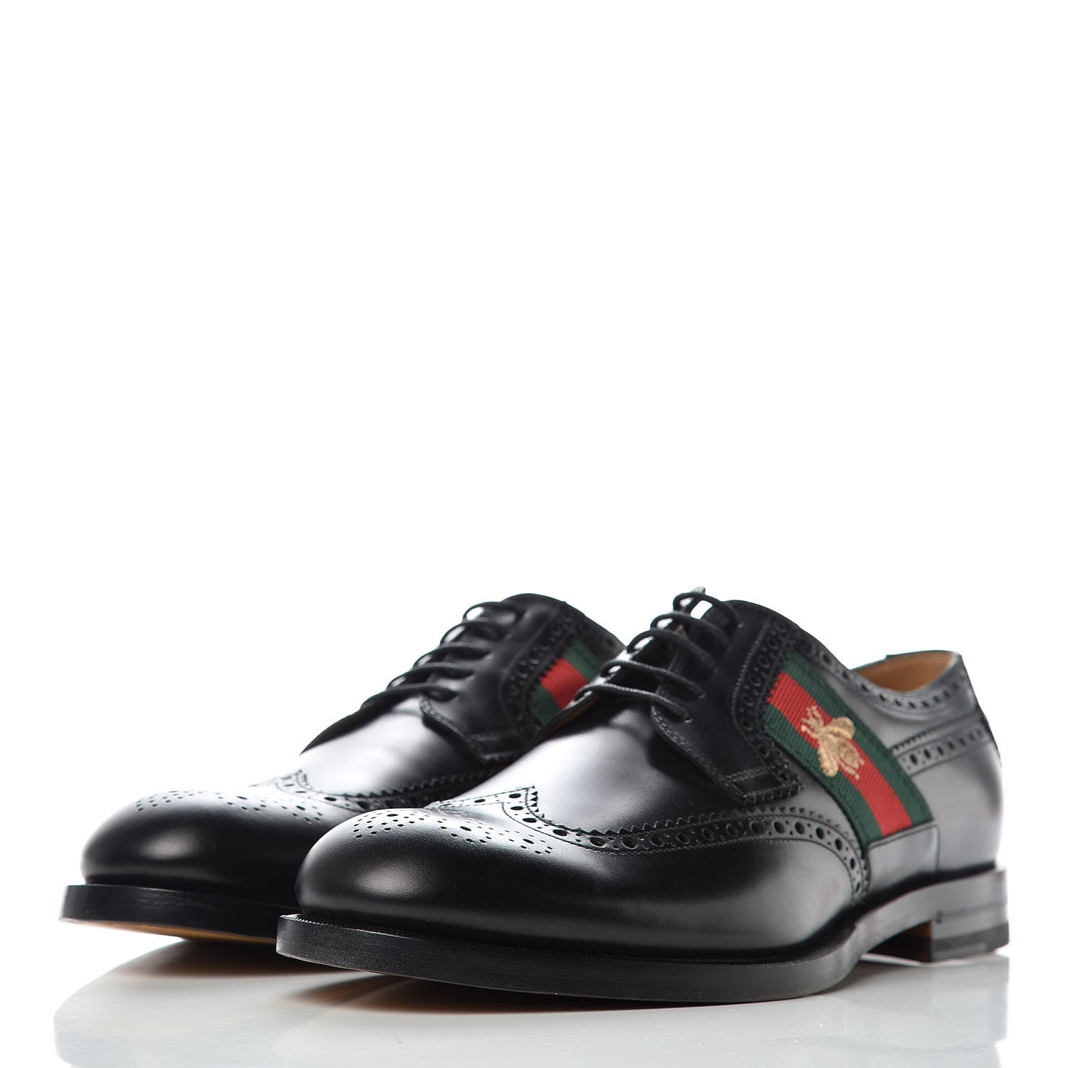 Gucci Calfskin Web Bee Embroidered Mens Wingtip Derby Loafers 10 Black 3 of 14